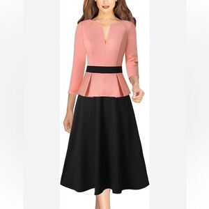 VFSHOW Zipper Front Color Block Peplum Flared Midi Dress for Work Business